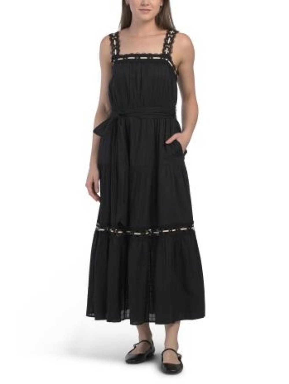NWT- Anne Klein Lace Detail Cotton Tie Belt Stitching Accents Maxi Dress-Size 14 - Picture 2 of 16
